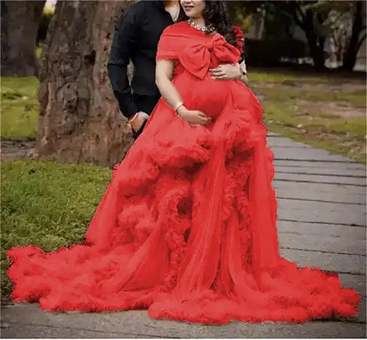 Color: Red, Maternity Size: 6, Ships From: CHINA - BIG BOW Tulle Ruffle maternity dresses photoshoot baby shower ???? ? ?????? ?? ??&e