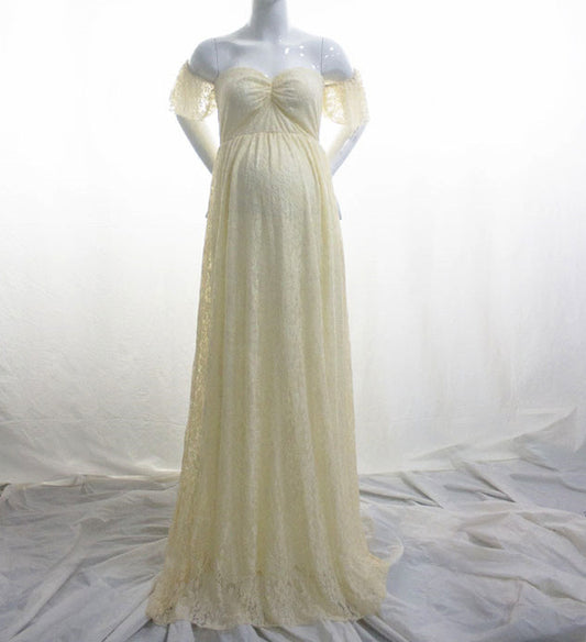 Color: Beige, Size: M - New Maternity Lace Dress Gowns for Photo Shoot Pregnant Dres