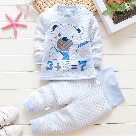 Color: blue bear, Height: 100cm - Autumn and winter new children's thermal underwear set boys and girls thickening infant three-layer warm high waist set