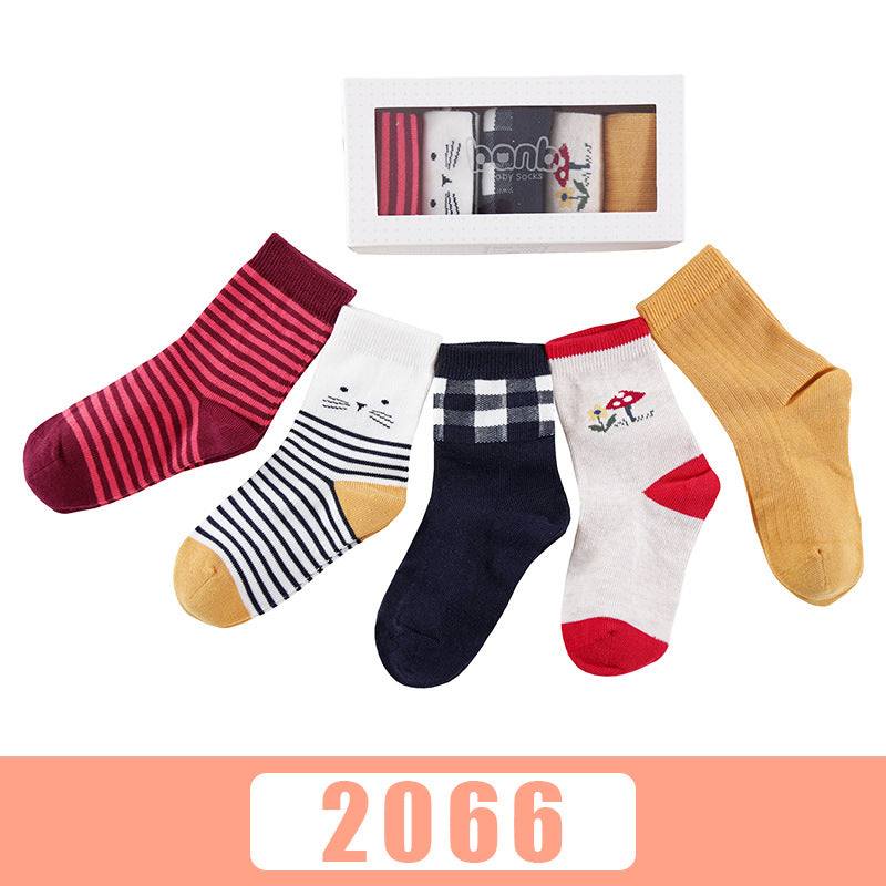 Color: 2066style, Size: 16 to 18 - Five pairs of breathable cartoon baby socks in autumn and winter