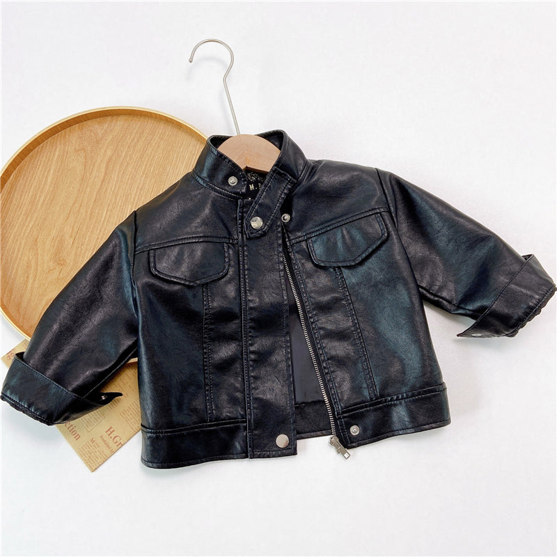 Color: Black, Size: 130cm - Girls And Boys Handsome Leisure Motorcycle Leather Jackets