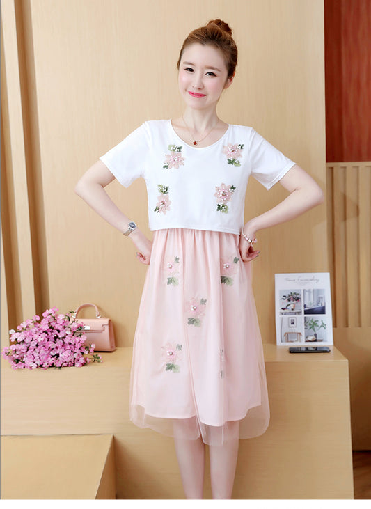 Summer Korean Fashion Mid-Length Short-Sleeved Fake Two-Piece Breastfeeding Plus Size Dress