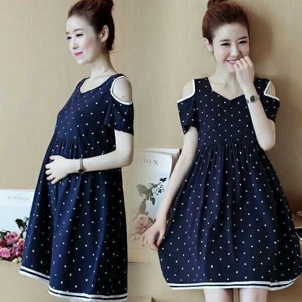 Polka Dot Loose Short Sleeve Off-The-Shoulder Mid-Length Maternity Dress