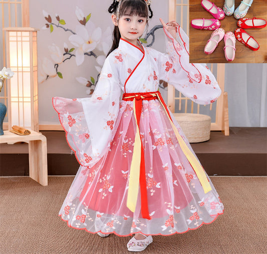 Color: Red, style: With shoes-120cm, Child size:  - Chinese Style Dress Children's Long-Sleeved Antique Skirt
