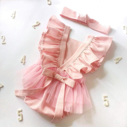 Summer Newborn Cotton And Linen Romper Pure Color Net Yarn Bow Baby Romper