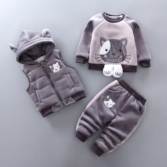 Color: gray, Appropriate Height: 110cm - Plus Velvet Warm Three-Piece