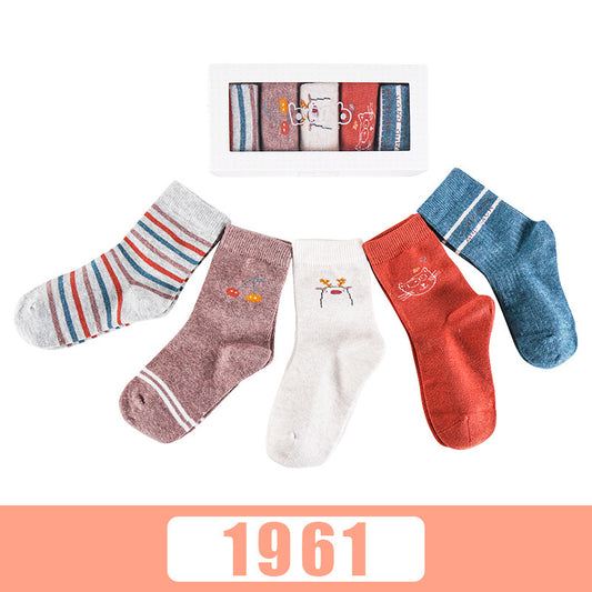 Color: 1961style, Size: 16 to 18 - Five pairs of breathable cartoon baby socks in autumn and winter