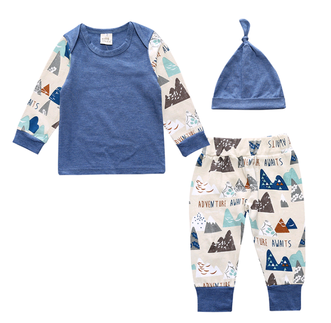 Children's suit children's three-piece baby baby long-sleeved T-shirt + trousers + hat