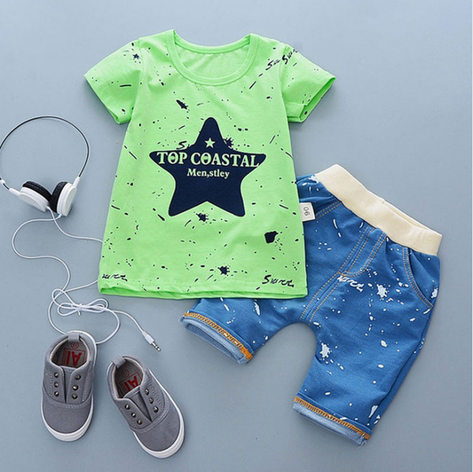 Color: Green stars, Size: 110cm - 2021 summer baby boys outfits sports