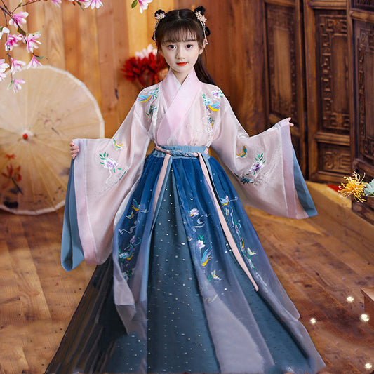 Color: Blue with shoes, Size: 160cm - Long-sleeved light gauze children's dress