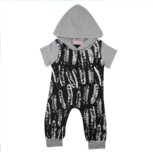 Size: 80, style: Short - Hooded Feather Print Romper