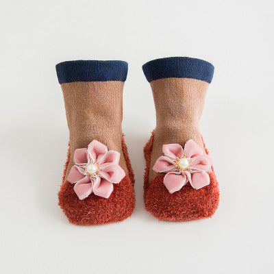 Color: Pink flower, Kid Sock Size: S - Stitching doll socks baby baby floor socks