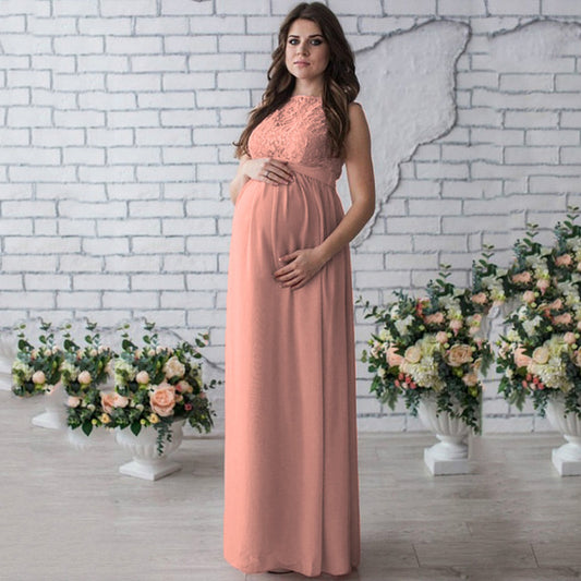 Color: Pink, size: L - Lace Sleeveless Maternity Dress