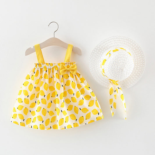 Summer new girls dress skirt two baby Korean print princess dress with straw hat