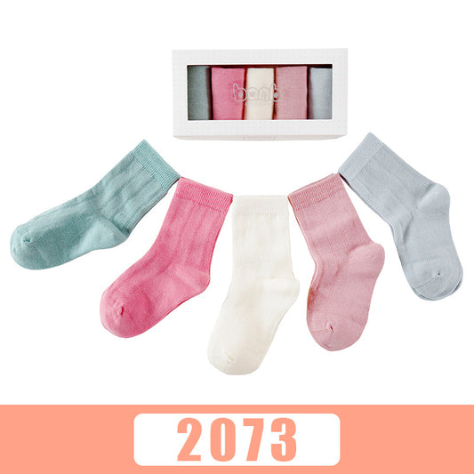 Color: 2073style, Size: 16 to 18 - Five pairs of breathable cartoon baby socks in autumn and winter