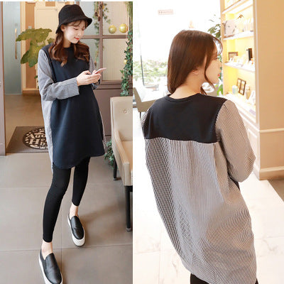Korean pregnant women in spring and autumn, new lactation dress and striped shirt dress