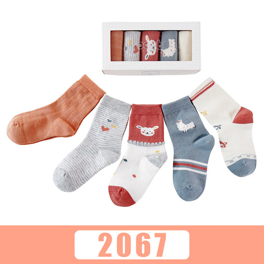 Color: 2067style, Size: 16 to 18 - Five pairs of breathable cartoon baby socks in autumn and winter