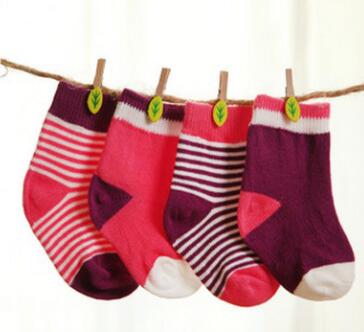 Color: Pink purple, Size: 0 to 6 Months - Cute Newborn Baby Sets Kids Winter Warm Soft Cotton Striped Soft Stitches Socks Socks 0-3 Years Old