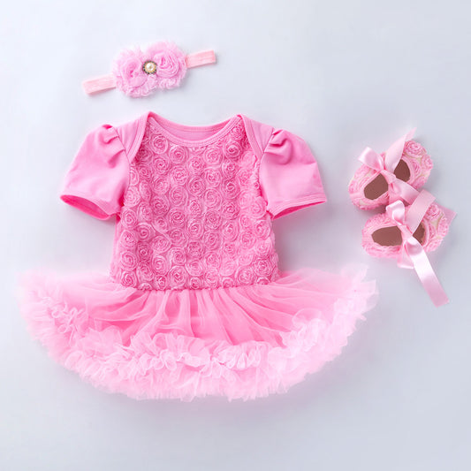 Three-piece composite rose short-sleeved dress and shoes