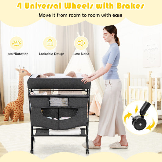 Portable Adjustable Height Newborn Nursery Organizer with Wheel-Black - Color: Black