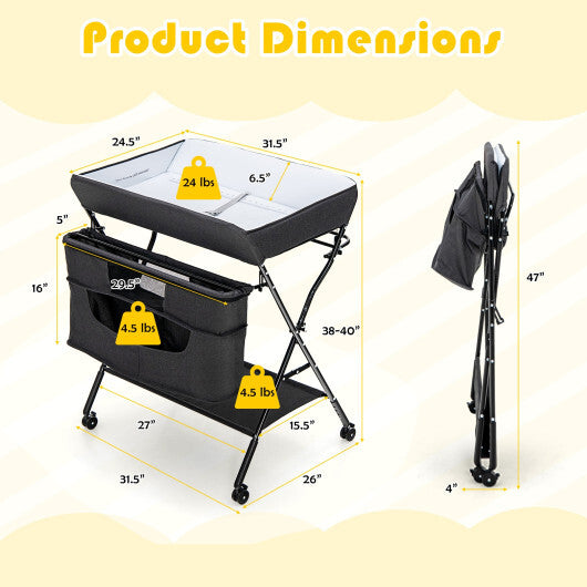 Portable Adjustable Height Newborn Nursery Organizer with Wheel-Black - Color: Black