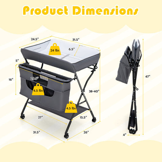 Portable Adjustable Height Newborn Nursery Organizer with wheel-Gray - Color: Gray