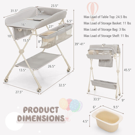 Baby Diaper Changing Table with Water Basin Wheel-Gray - Color: Gray