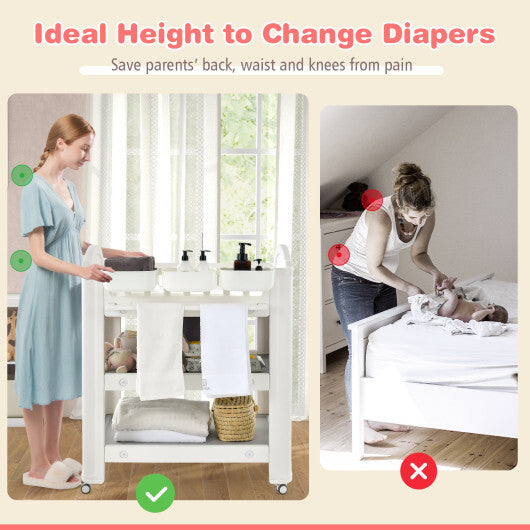 Mobile Diaper Changing Station with Storage Shelves and Boxes-Beige - Color: Beige