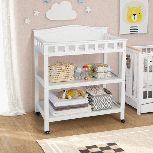 Mobile Changing Table with Waterproof Pad and 2 Open Shelves-White - Color: White