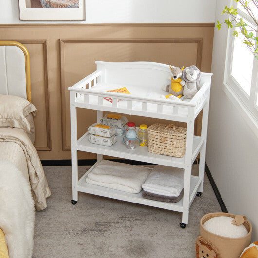 Mobile Changing Table with Waterproof Pad and 2 Open Shelves-White - Color: White