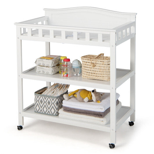 Mobile Changing Table with Waterproof Pad and 2 Open Shelves-White - Color: White