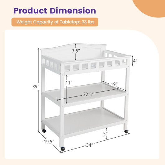 Mobile Changing Table with Waterproof Pad and 2 Open Shelves-White - Color: White