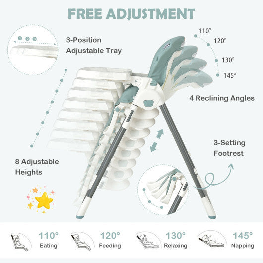 Foldable Baby High Chair with Double Removable Trays and Book Holder-Green - Color: Green