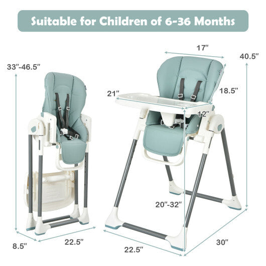 Foldable Baby High Chair with Double Removable Trays and Book Holder-Green - Color: Green