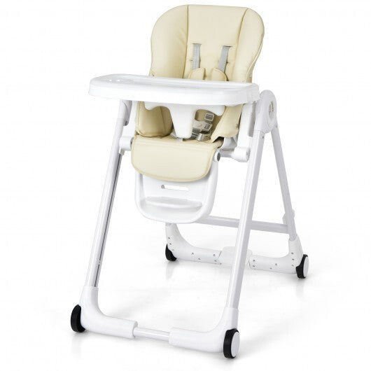 Baby Folding Convertible High Chair with Wheels and Adjustable Height-Beige - Color: Beige