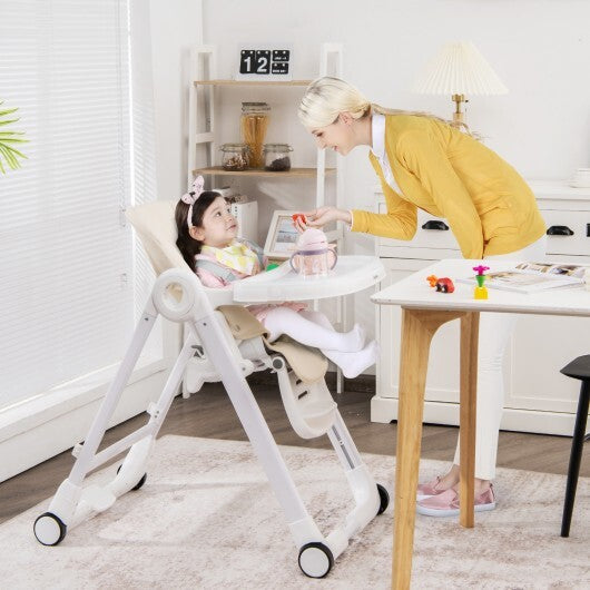 Baby Folding Convertible High Chair with Wheels and Adjustable Height-Beige - Color: Beige