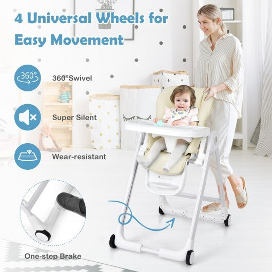 Baby Folding Convertible High Chair with Wheels and Adjustable Height-Beige - Color: Beige