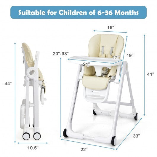 Baby Folding Convertible High Chair with Wheels and Adjustable Height-Beige - Color: Beige