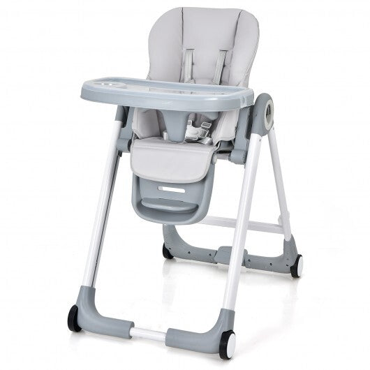 Baby Folding Convertible High Chair with Wheels and Adjustable Height-Gray - Color: Gray