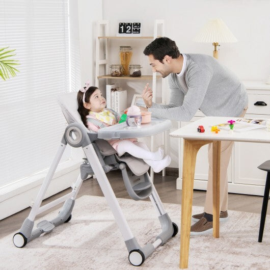 Baby Folding Convertible High Chair with Wheels and Adjustable Height-Gray - Color: Gray