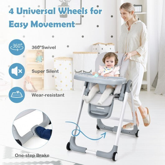 Baby Folding Convertible High Chair with Wheels and Adjustable Height-Gray - Color: Gray