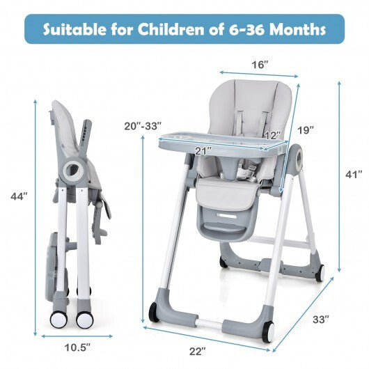 Baby Folding Convertible High Chair with Wheels and Adjustable Height-Gray - Color: Gray