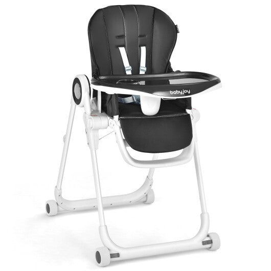 Baby High Chair Foldable Feeding Chair with 4 Lockable Wheels-Black - Color: Black