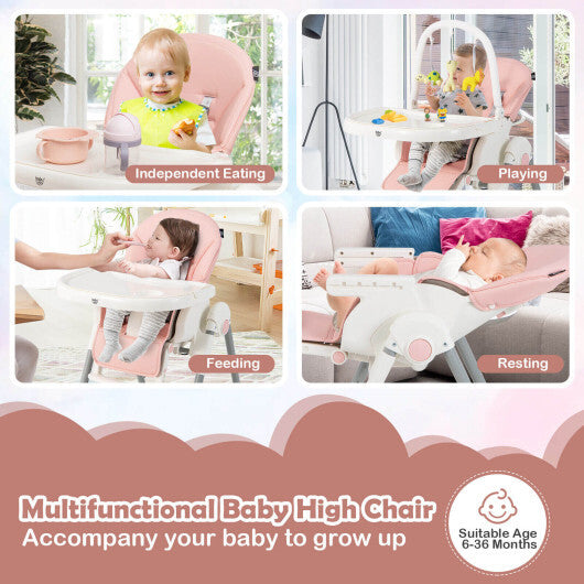 4-in-1 Foldable Baby High Chair with 7 Adjustable Heights and Free Toys Bar-Pink - Color: Pink