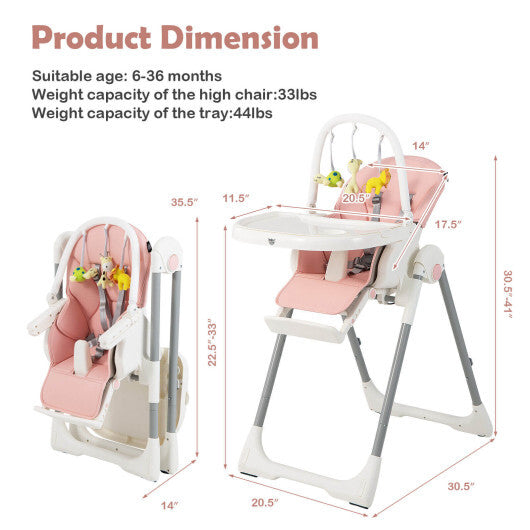 4-in-1 Foldable Baby High Chair with 7 Adjustable Heights and Free Toys Bar-Pink - Color: Pink