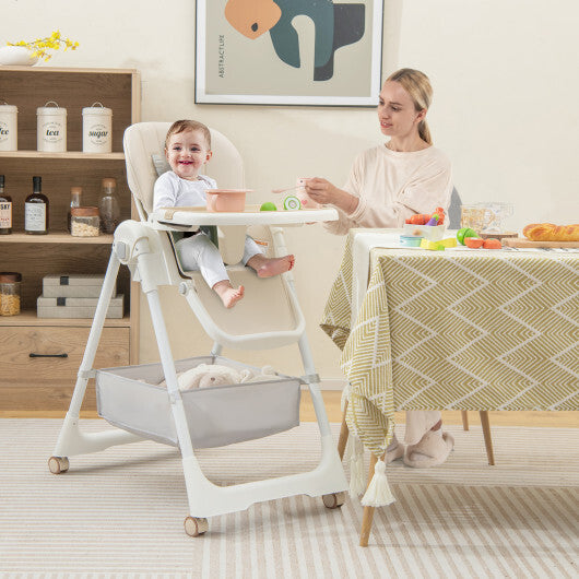 Convertible High Chair with Reclining Backrest for Babies and Toddlers-Beige - Color: Beige