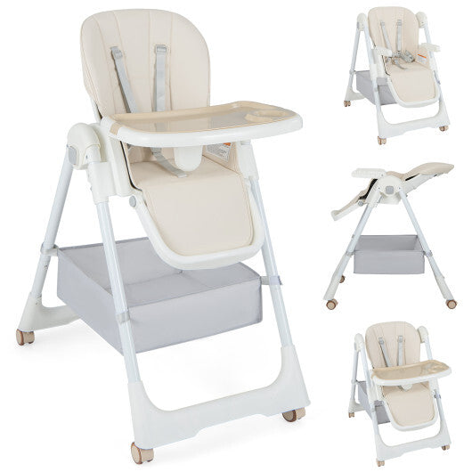 Convertible High Chair with Reclining Backrest for Babies and Toddlers-Beige - Color: Beige