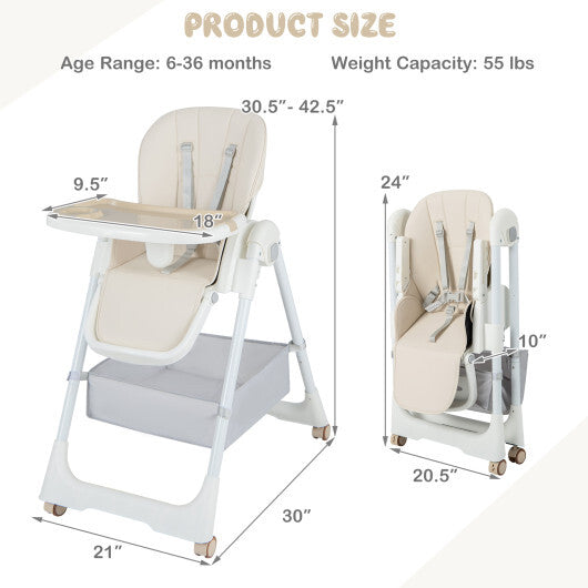 Convertible High Chair with Reclining Backrest for Babies and Toddlers-Beige - Color: Beige