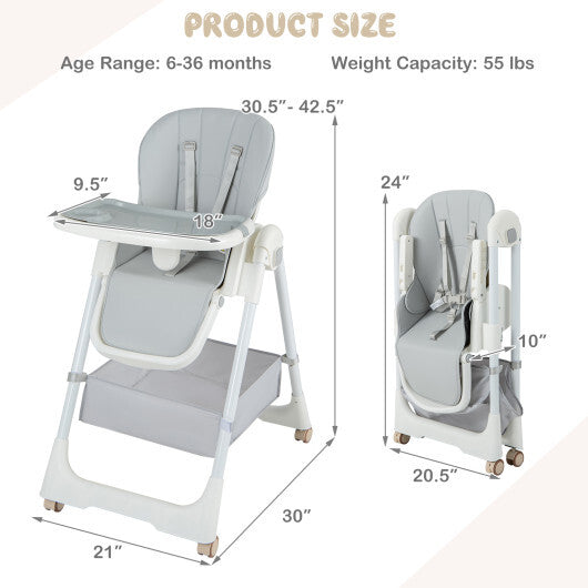 Convertible High Chair with Reclining Backrest for Babies and Toddlers-Gray - Color: Gray