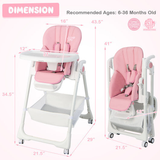 Convertible Infant Dining Chair with 5 Backrest and 3 Footrest Positions-Pink - Color: Pink